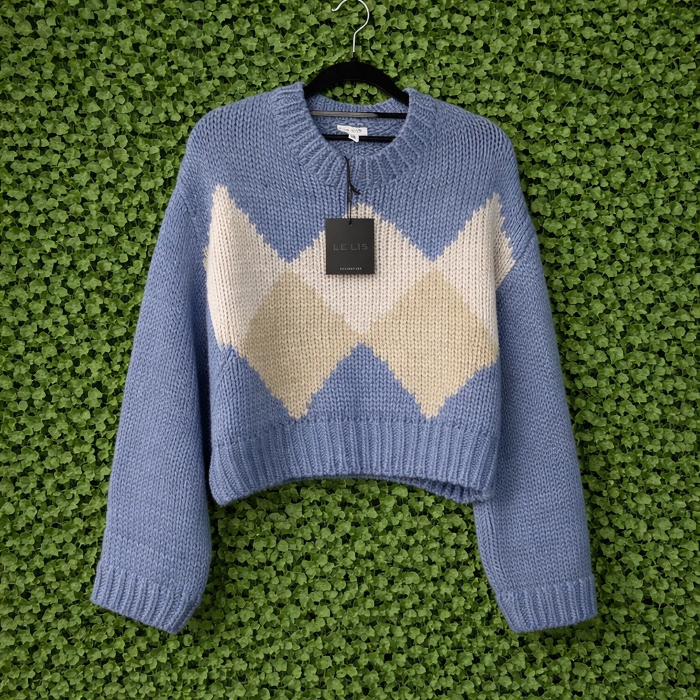 Le Lis Blue & Cream Zigzag Knit Cropped Sweater | Size Small | NWT